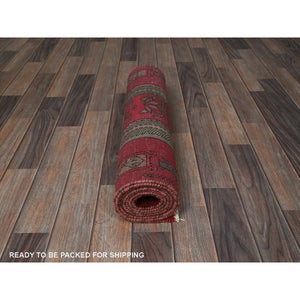 2'3"x8'5" Cherry Red, Vintage Persian Hamadan with Distinct Abrash, Cropped Thin, Zero Pile, Sides and Ends Professionally Secured, Even Wear, Hand Knotted, Pure Wool, Narrow Runner, Oriental Rug Sh846 FWR5076