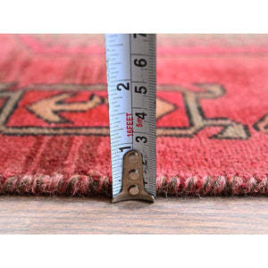 2'3"x8'5" Cherry Red, Vintage Persian Hamadan with Distinct Abrash, Cropped Thin, Zero Pile, Sides and Ends Professionally Secured, Even Wear, Hand Knotted, Pure Wool, Narrow Runner, Oriental Rug Sh846 FWR5076