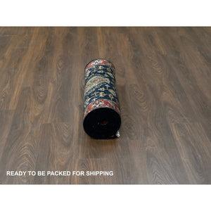 2'7"x10'1" Denim Black, Vegetable Dyes, Soft Pile, Organic Wool, Hand Knotted, Karajeh Design with All Over Pattern, Runner Oriental Rug FWR508260