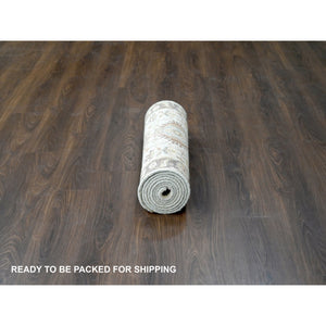 2'7"x10' Goose Gray, Karajeh Design with Tribal Medallions, Pure Wool, Hand Knotted, Runner Oriental Rug FWR508290