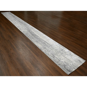2'8"x25'7" Cloud Gray, Abstract with Mosaic Design, Wool and Silk, Hand Knotted, XL Runner Oriental Rug FWR508332