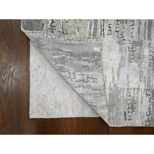 2'8"x25'7" Cloud Gray, Abstract with Mosaic Design, Wool and Silk, Hand Knotted, XL Runner Oriental Rug FWR508332