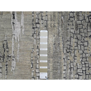 2'8"x25'7" Cloud Gray, Abstract with Mosaic Design, Wool and Silk, Hand Knotted, XL Runner Oriental Rug FWR508332