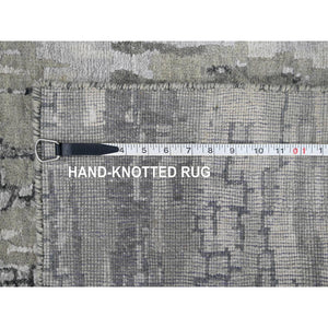 2'8"x25'7" Cloud Gray, Abstract with Mosaic Design, Wool and Silk, Hand Knotted, XL Runner Oriental Rug FWR508332