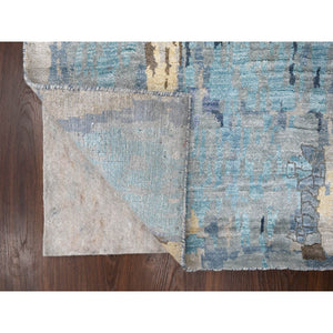2'6"x17'9" Prussian Blue, Denser Weave, Wool and Silk, Mosaic Design with Mix of Gold, Hand Knotted Persian Knot, XL Runner Oriental Rug FWR508344