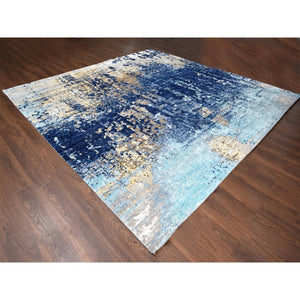 12'x12' Brewers Blue, Modern Wool And Silk Mosaic Design With Mix Of Gold, Hand Knotted Persian Knot, Denser Weave, Oriental Square Rug FWR508362