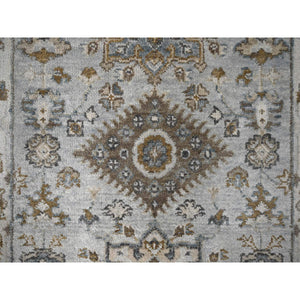 2'7"x25'10" Cloud Gray, Organic Wool, Hand Knotted, Vegetable Dyes, Karajeh Design with Geometric Medallion, XL Runner Oriental Rug FWR508386