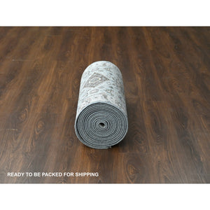 2'7"x25'10" Cloud Gray, Organic Wool, Hand Knotted, Vegetable Dyes, Karajeh Design with Geometric Medallion, XL Runner Oriental Rug FWR508386
