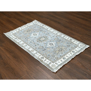 3'1"x5'0" Pale Smoke Gray and Delicate White, 100% Wool, Hand Knotted, Natural Dyes, Karajeh Design with Geometric Medallion, Oriental Rug FWR508428