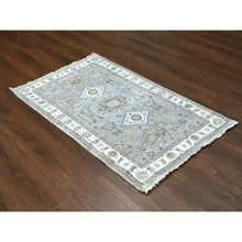 Load image into Gallery viewer, 3&#39;1&quot;x5&#39; Misty Gray With Daisy White, Hand Knotted, Karajeh Design With Geometric Medallion, Natural Wool, Oriental Rug FWR508464
