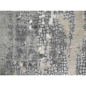 12'x12' Battleship Gray, Abstract Persian Knot with Mosaic Design, Wool and Silk, Hand Knotted, Dense Weave, Square Oriental Rug FWR508518
