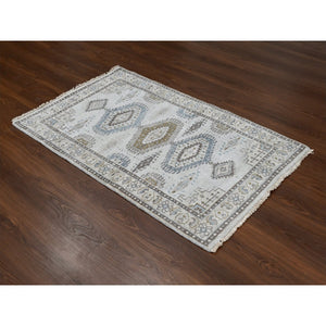3'1"x5'2" Pale Smoke Gray, Persian Village Influence with Geometrical Medallions, Denser Weave, Pure Wool, Hand Knotted, Oriental Rug FWR508548
