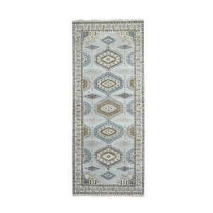 4'x10'1" Rhino Gray, Organic Wool, Persian Village Inspired with Geometrical Medallion Designs, Denser Weave, Hand Knotted, Wide Runner Oriental Rug FWR508554