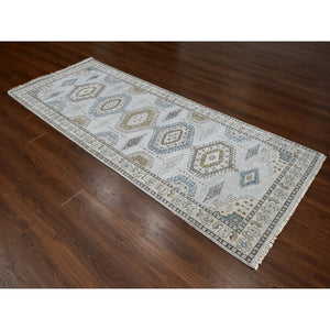 4'x10'1" Rhino Gray, Organic Wool, Persian Village Inspired with Geometrical Medallion Designs, Denser Weave, Hand Knotted, Wide Runner Oriental Rug FWR508554