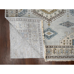 4'x10'1" Rhino Gray, Organic Wool, Persian Village Inspired with Geometrical Medallion Designs, Denser Weave, Hand Knotted, Wide Runner Oriental Rug FWR508554