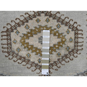 4'x10'1" Rhino Gray, Organic Wool, Persian Village Inspired with Geometrical Medallion Designs, Denser Weave, Hand Knotted, Wide Runner Oriental Rug FWR508554