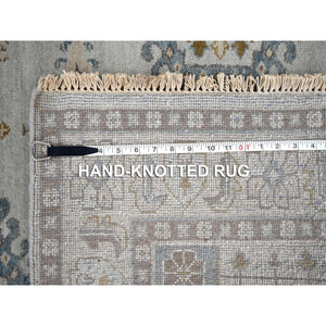 4'x10'1" Rhino Gray, Organic Wool, Persian Village Inspired with Geometrical Medallion Designs, Denser Weave, Hand Knotted, Wide Runner Oriental Rug FWR508554