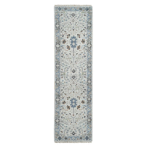 2'6"x9'10" Pastel Gray, Oushak with Floral Motifs, Natural Wool, Denser Weave, Hand Knotted, Runner Oriental Rug FWR508626