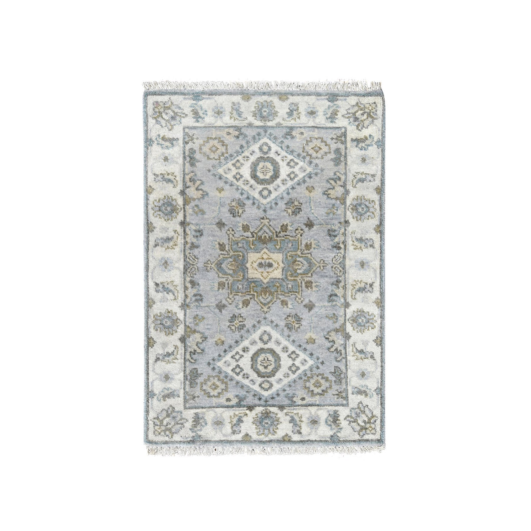 2'x3' Lavender Gray, Vegetable Dyes, Karajeh Design with Geometric Medallion, 100% Wool, Hand Knotted, Mat Oriental Rug FWR508692
