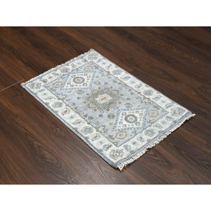 2'x3' Lavender Gray, Vegetable Dyes, Karajeh Design with Geometric Medallion, 100% Wool, Hand Knotted, Mat Oriental Rug FWR508692