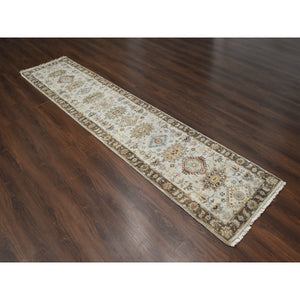 2'8"x12' Timberwolf Gray With Taupe Brown, Hand Knotted Karajeh And Geometric Medallion Design, Natural Dyes, Pure Wool, Runner Oriental Rug FWR508710