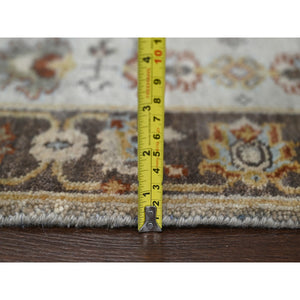 2'8"x12' Timberwolf Gray With Taupe Brown, Hand Knotted Karajeh And Geometric Medallion Design, Natural Dyes, Pure Wool, Runner Oriental Rug FWR508710