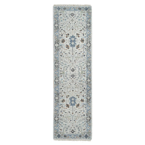 2'6"x9'10" Owl and Slate Gray, Hand Knotted Oushak Dense Weave Design with Floral Motifs, Vegetable Dyes, Natural Wool, Runner Oriental Rug FWR508716