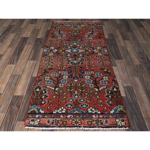 2'5"x5'10" Blush Red, Vintage Persian Lilahan with All Over Design, Distinct Abrash, Shaved Low, Zero Pile, Sides and Ends Professionally Secured, Hand Knotted, Pure Wool, Fragment, Runner, Oriental Rug Sh847 FWR5082