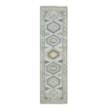 Load image into Gallery viewer, 2&#39;8&quot;x10&#39;1&quot; Rhinestone Gray With Sand White, Geometric Motifs Persian Village, Hand Knotted, Densely Woven Organic Wool, Runner Oriental Rug FWR508806
