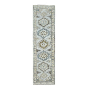 2'8"x10'1" Rhinestone Gray With Sand White, Geometric Motifs Persian Village, Hand Knotted, Densely Woven Organic Wool, Runner Oriental Rug FWR508806