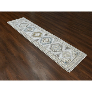 2'8"x10'1" Rhinestone Gray With Sand White, Geometric Motifs Persian Village, Hand Knotted, Densely Woven Organic Wool, Runner Oriental Rug FWR508806