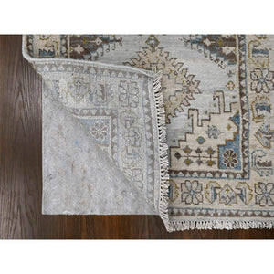 2'8"x10'1" Rhinestone Gray With Sand White, Geometric Motifs Persian Village, Hand Knotted, Densely Woven Organic Wool, Runner Oriental Rug FWR508806