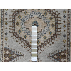 2'8"x10'1" Rhinestone Gray With Sand White, Geometric Motifs Persian Village, Hand Knotted, Densely Woven Organic Wool, Runner Oriental Rug FWR508806