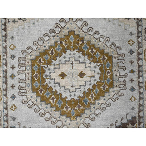 2'8"x10'1" Rhinestone Gray With Sand White, Geometric Motifs Persian Village, Hand Knotted, Densely Woven Organic Wool, Runner Oriental Rug FWR508806