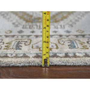 2'8"x10'1" Rhinestone Gray With Sand White, Geometric Motifs Persian Village, Hand Knotted, Densely Woven Organic Wool, Runner Oriental Rug FWR508806