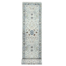 Load image into Gallery viewer, 2&#39;7&quot;x21&#39;8&quot; Seagull Gray, Hand Knotted Natural Dyes Oushak with Floral Motifs, Densely Woven, All Wool, XL Runner Oriental Rug FWR508848