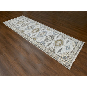 4'3"x12' Intellectual Gray, Geometric Patterns Persian Village Influence Design, Densely Woven, Hand Knotted, Vegetable Dyes Extra Soft Wool, Runner Oriental Rug FWR508908