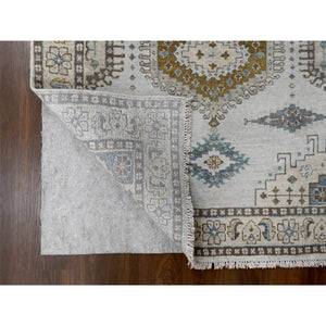 4'3"x12' Intellectual Gray, Geometric Patterns Persian Village Influence Design, Densely Woven, Hand Knotted, Vegetable Dyes Extra Soft Wool, Runner Oriental Rug FWR508908