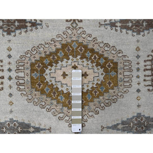 4'3"x12' Intellectual Gray, Geometric Patterns Persian Village Influence Design, Densely Woven, Hand Knotted, Vegetable Dyes Extra Soft Wool, Runner Oriental Rug FWR508908