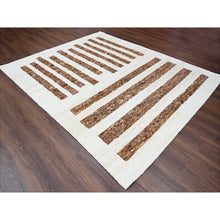 Load image into Gallery viewer, 8&#39;3&quot;x9&#39;9&quot; Beaver Brown and Sand White, Thick and Soft Pile, Vegetable Dyes, Hand Knotted Minimalist Stripe Design, 100% Wool Oriental Rug FWR508932