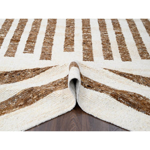 8'3"x9'9" Beaver Brown and Sand White, Thick and Soft Pile, Vegetable Dyes, Hand Knotted Minimalist Stripe Design, 100% Wool Oriental Rug FWR508932