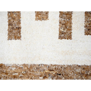 8'3"x9'9" Beaver Brown and Sand White, Thick and Soft Pile, Vegetable Dyes, Hand Knotted Minimalist Stripe Design, 100% Wool Oriental Rug FWR508932