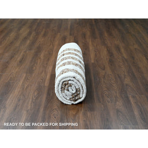 8'3"x9'9" Beaver Brown and Sand White, Thick and Soft Pile, Vegetable Dyes, Hand Knotted Minimalist Stripe Design, 100% Wool Oriental Rug FWR508932