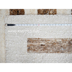 8'3"x9'9" Beaver Brown and Sand White, Thick and Soft Pile, Vegetable Dyes, Hand Knotted Minimalist Stripe Design, 100% Wool Oriental Rug FWR508932