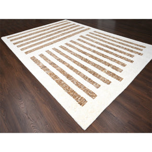 10'3"x14'1" Burlywood Brown and Seedpearl White, Hand Knotted Thick and Soft Pile, Vegetable Dyes, Natural Wool, Minimalist Stripe Design, Oriental Rug FWR508950