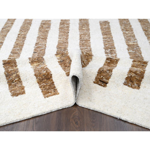 10'3"x14'1" Burlywood Brown and Seedpearl White, Hand Knotted Thick and Soft Pile, Vegetable Dyes, Natural Wool, Minimalist Stripe Design, Oriental Rug FWR508950