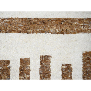 10'3"x14'1" Burlywood Brown and Seedpearl White, Hand Knotted Thick and Soft Pile, Vegetable Dyes, Natural Wool, Minimalist Stripe Design, Oriental Rug FWR508950