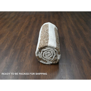 10'3"x14'1" Burlywood Brown and Seedpearl White, Hand Knotted Thick and Soft Pile, Vegetable Dyes, Natural Wool, Minimalist Stripe Design, Oriental Rug FWR508950