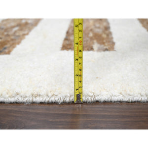 10'3"x14'1" Burlywood Brown and Seedpearl White, Hand Knotted Thick and Soft Pile, Vegetable Dyes, Natural Wool, Minimalist Stripe Design, Oriental Rug FWR508950