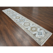 Load image into Gallery viewer, 2&#39;8&quot;x14&#39;1&quot; Habor Haze Gray With Ivory Border, Extra Soft Wool, Natural Dyes, Denser Weave, Hand Knotted Persian Village Inspired Geometric Medallions Design, Soft Pile, Oriental Runner Rug FWR508980